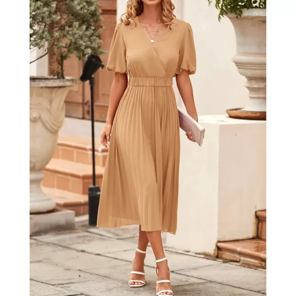 imageBTFBM Women Casual Dresses 2023 Summer Boho Wrap V Neck Puff Short Sleeve Beach Party Flowy Pleated ALine Maxi DressSolid Khaki