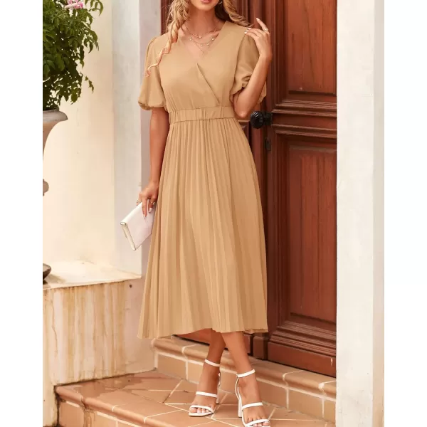 imageBTFBM Women Casual Dresses 2023 Summer Boho Wrap V Neck Puff Short Sleeve Beach Party Flowy Pleated ALine Maxi DressSolid Khaki