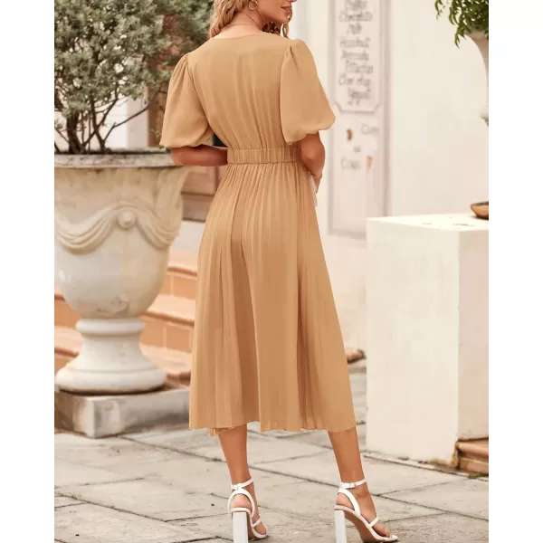 imageBTFBM Women Casual Dresses 2023 Summer Boho Wrap V Neck Puff Short Sleeve Beach Party Flowy Pleated ALine Maxi DressSolid Khaki