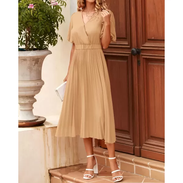 imageBTFBM Women Casual Dresses 2023 Summer Boho Wrap V Neck Puff Short Sleeve Beach Party Flowy Pleated ALine Maxi DressSolid Khaki