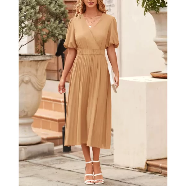 imageBTFBM Women Casual Dresses 2023 Summer Boho Wrap V Neck Puff Short Sleeve Beach Party Flowy Pleated ALine Maxi DressSolid Khaki