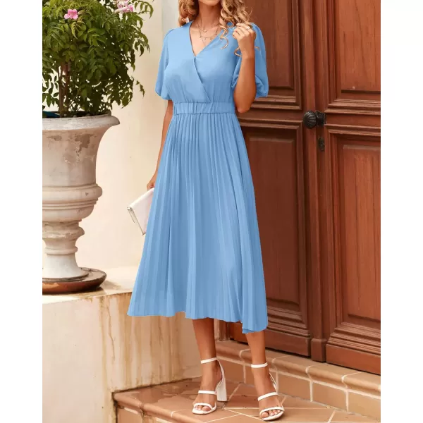 imageBTFBM Women Casual Dresses 2023 Summer Boho Wrap V Neck Puff Short Sleeve Beach Party Flowy Pleated ALine Maxi DressSolid Light Blue