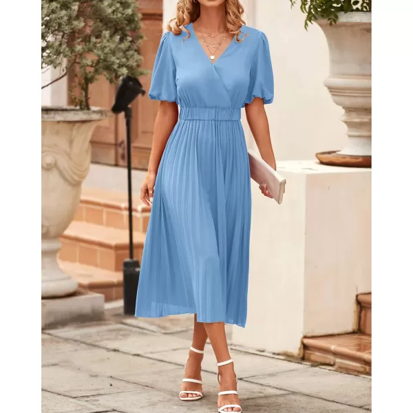 imageBTFBM Women Casual Dresses 2023 Summer Boho Wrap V Neck Puff Short Sleeve Beach Party Flowy Pleated ALine Maxi DressSolid Light Blue