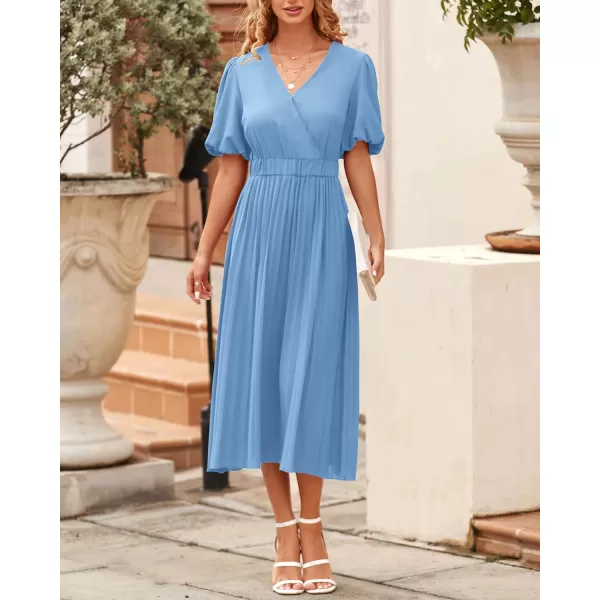 imageBTFBM Women Casual Dresses 2023 Summer Boho Wrap V Neck Puff Short Sleeve Beach Party Flowy Pleated ALine Maxi DressSolid Light Blue