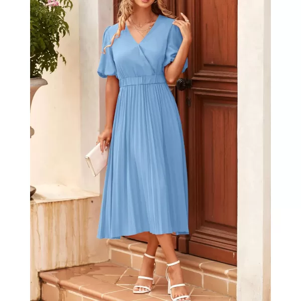 imageBTFBM Women Casual Dresses 2023 Summer Boho Wrap V Neck Puff Short Sleeve Beach Party Flowy Pleated ALine Maxi DressSolid Light Blue