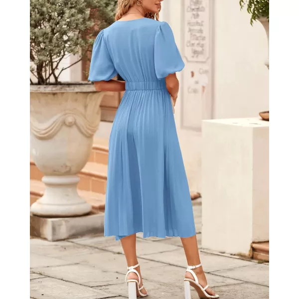 imageBTFBM Women Casual Dresses 2023 Summer Boho Wrap V Neck Puff Short Sleeve Beach Party Flowy Pleated ALine Maxi DressSolid Light Blue