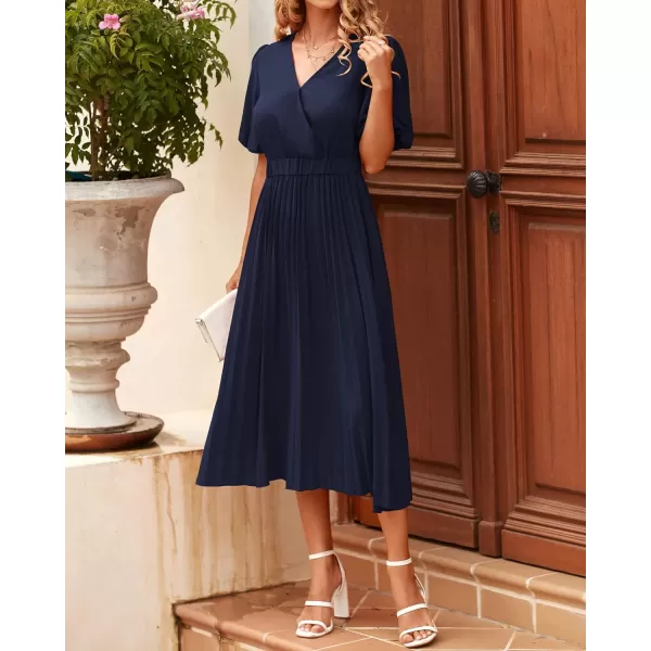 imageBTFBM Women Casual Dresses 2023 Summer Boho Wrap V Neck Puff Short Sleeve Beach Party Flowy Pleated ALine Maxi DressSolid Navy