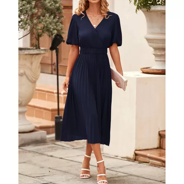 imageBTFBM Women Casual Dresses 2023 Summer Boho Wrap V Neck Puff Short Sleeve Beach Party Flowy Pleated ALine Maxi DressSolid Navy