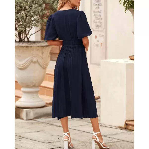 imageBTFBM Women Casual Dresses 2023 Summer Boho Wrap V Neck Puff Short Sleeve Beach Party Flowy Pleated ALine Maxi DressSolid Navy