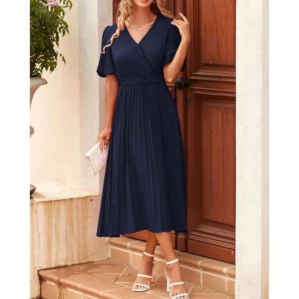 imageBTFBM Women Casual Dresses 2023 Summer Boho Wrap V Neck Puff Short Sleeve Beach Party Flowy Pleated ALine Maxi DressSolid Navy