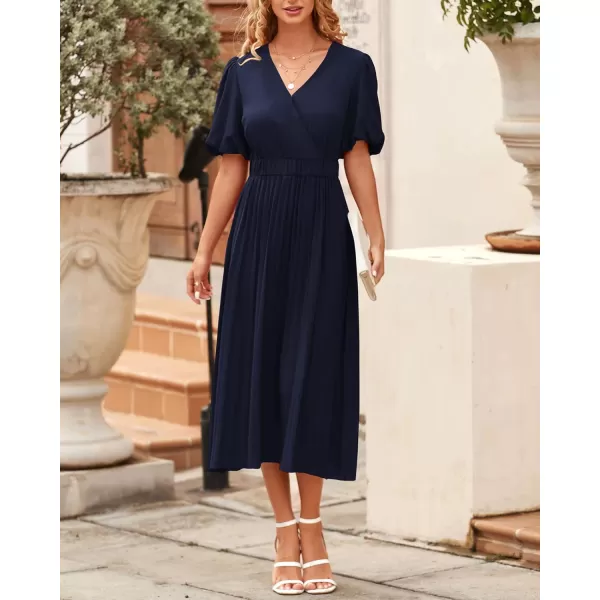 imageBTFBM Women Casual Dresses 2023 Summer Boho Wrap V Neck Puff Short Sleeve Beach Party Flowy Pleated ALine Maxi DressSolid Navy