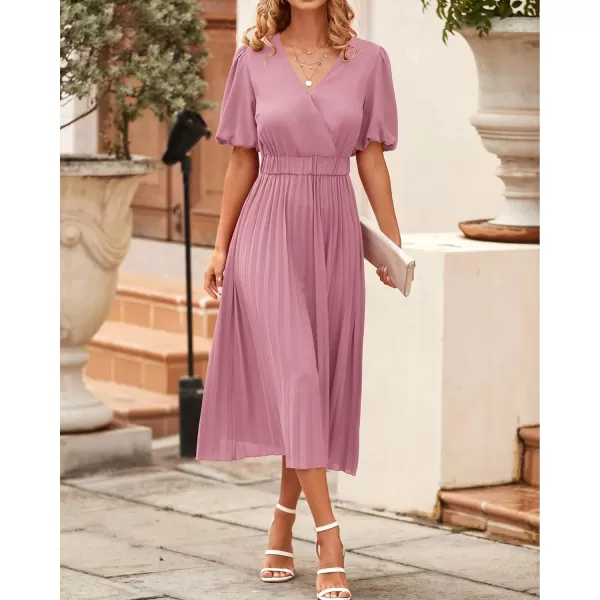 imageBTFBM Women Casual Dresses 2023 Summer Boho Wrap V Neck Puff Short Sleeve Beach Party Flowy Pleated ALine Maxi DressSolid Pink