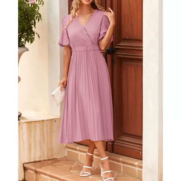 imageBTFBM Women Casual Dresses 2023 Summer Boho Wrap V Neck Puff Short Sleeve Beach Party Flowy Pleated ALine Maxi DressSolid Pink