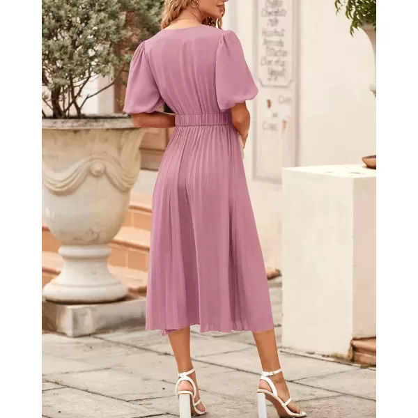imageBTFBM Women Casual Dresses 2023 Summer Boho Wrap V Neck Puff Short Sleeve Beach Party Flowy Pleated ALine Maxi DressSolid Pink