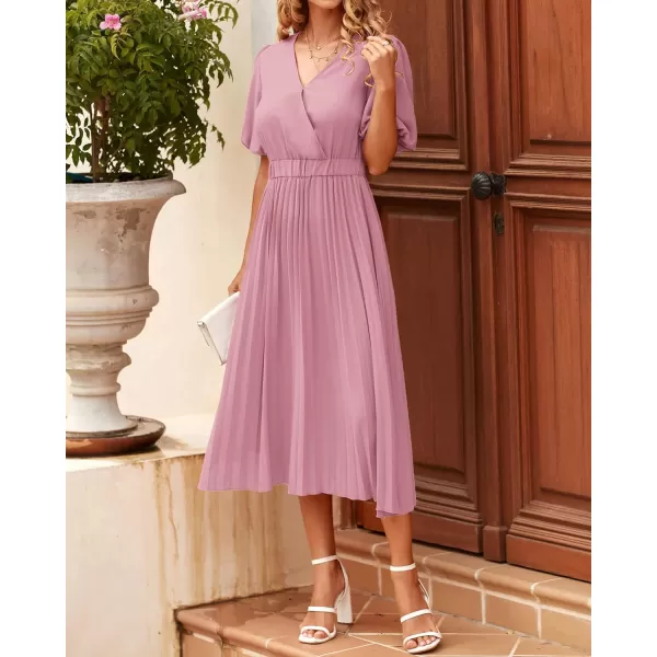 imageBTFBM Women Casual Dresses 2023 Summer Boho Wrap V Neck Puff Short Sleeve Beach Party Flowy Pleated ALine Maxi DressSolid Pink