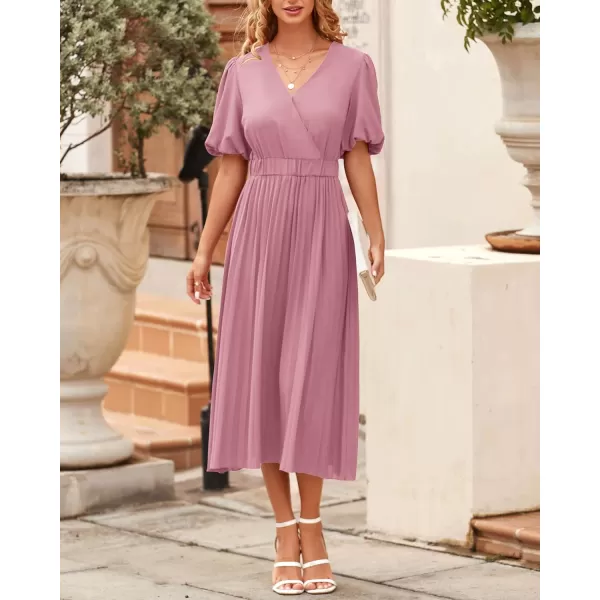imageBTFBM Women Casual Dresses 2023 Summer Boho Wrap V Neck Puff Short Sleeve Beach Party Flowy Pleated ALine Maxi DressSolid Pink