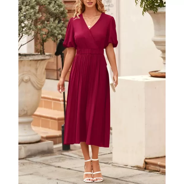 imageBTFBM Women Casual Dresses 2023 Summer Boho Wrap V Neck Puff Short Sleeve Beach Party Flowy Pleated ALine Maxi DressSolid Wine Red