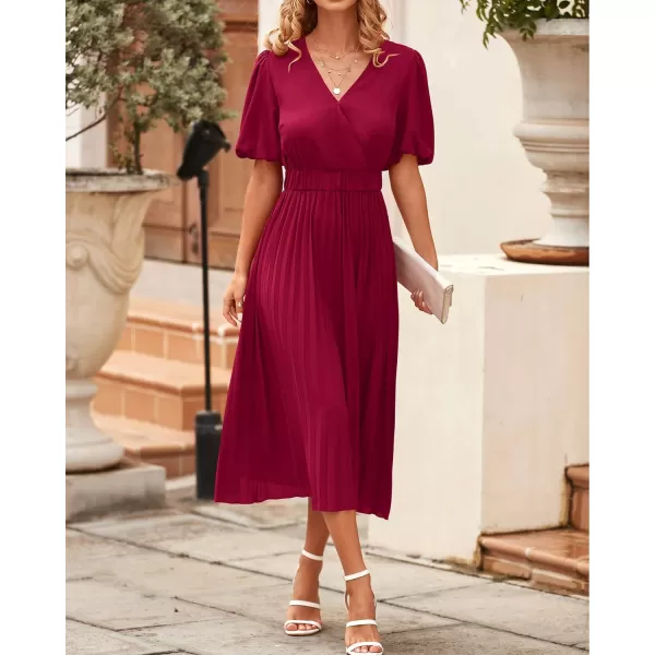 imageBTFBM Women Casual Dresses 2023 Summer Boho Wrap V Neck Puff Short Sleeve Beach Party Flowy Pleated ALine Maxi DressSolid Wine Red