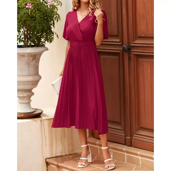 imageBTFBM Women Casual Dresses 2023 Summer Boho Wrap V Neck Puff Short Sleeve Beach Party Flowy Pleated ALine Maxi DressSolid Wine Red