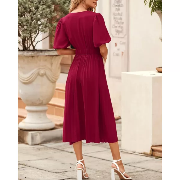 imageBTFBM Women Casual Dresses 2023 Summer Boho Wrap V Neck Puff Short Sleeve Beach Party Flowy Pleated ALine Maxi DressSolid Wine Red