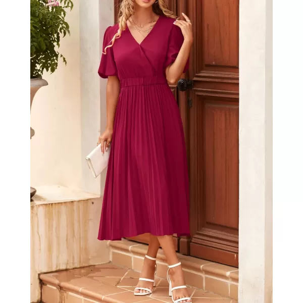 imageBTFBM Women Casual Dresses 2023 Summer Boho Wrap V Neck Puff Short Sleeve Beach Party Flowy Pleated ALine Maxi DressSolid Wine Red