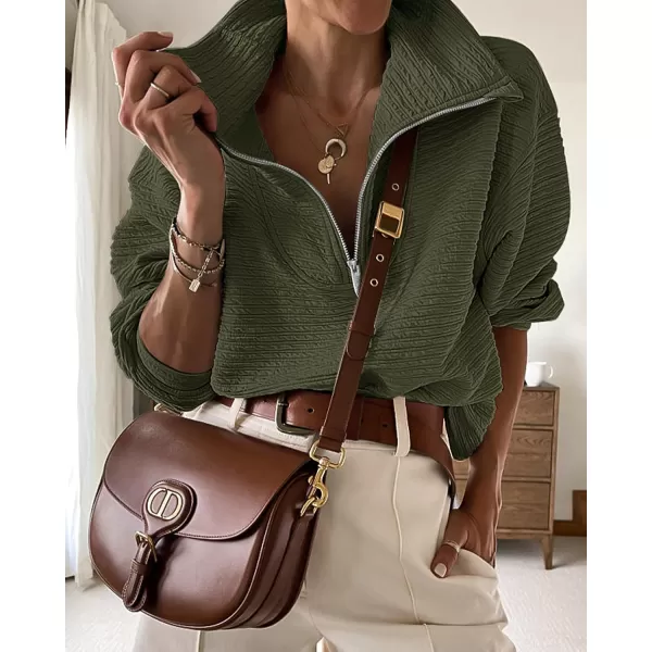 imageBTFBM Women Casual Half Zip Sweatshirts Lapel Drawstring Loose Long Sleeve Pullover 2023 Fall Winter Trendy Y2K ClothesSolid Army Green
