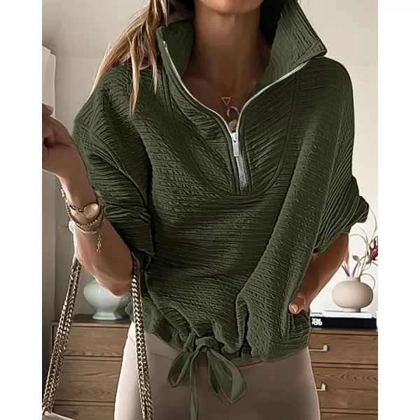imageBTFBM Women Casual Half Zip Sweatshirts Lapel Drawstring Loose Long Sleeve Pullover 2023 Fall Winter Trendy Y2K ClothesSolid Army Green