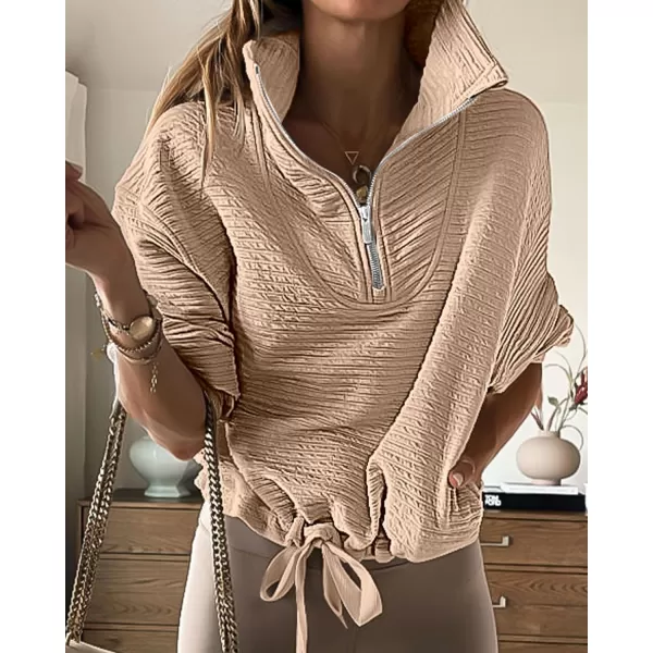 imageBTFBM Women Casual Half Zip Sweatshirts Lapel Drawstring Loose Long Sleeve Pullover 2023 Fall Winter Trendy Y2K ClothesSolid Beige