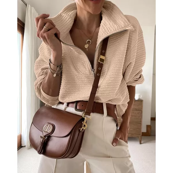 imageBTFBM Women Casual Half Zip Sweatshirts Lapel Drawstring Loose Long Sleeve Pullover 2023 Fall Winter Trendy Y2K ClothesSolid Beige
