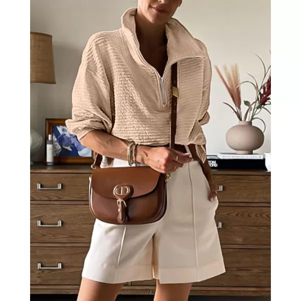imageBTFBM Women Casual Half Zip Sweatshirts Lapel Drawstring Loose Long Sleeve Pullover 2023 Fall Winter Trendy Y2K ClothesSolid Beige