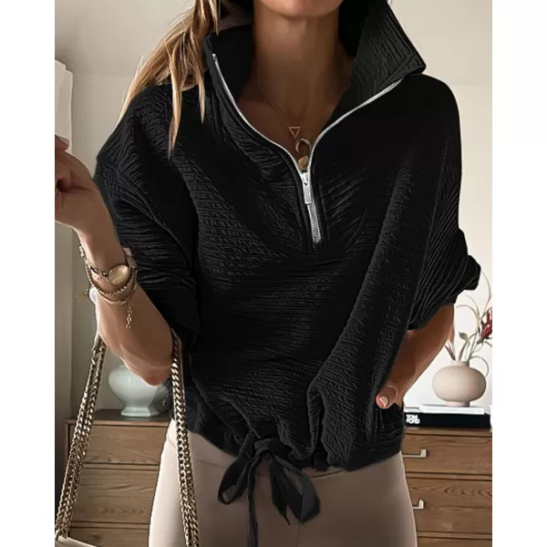 imageBTFBM Women Casual Half Zip Sweatshirts Lapel Drawstring Loose Long Sleeve Pullover 2023 Fall Winter Trendy Y2K ClothesSolid Black