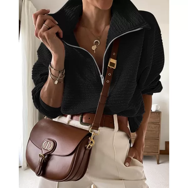 imageBTFBM Women Casual Half Zip Sweatshirts Lapel Drawstring Loose Long Sleeve Pullover 2023 Fall Winter Trendy Y2K ClothesSolid Black