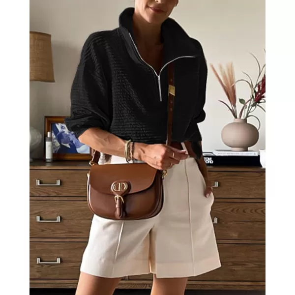 imageBTFBM Women Casual Half Zip Sweatshirts Lapel Drawstring Loose Long Sleeve Pullover 2023 Fall Winter Trendy Y2K ClothesSolid Black
