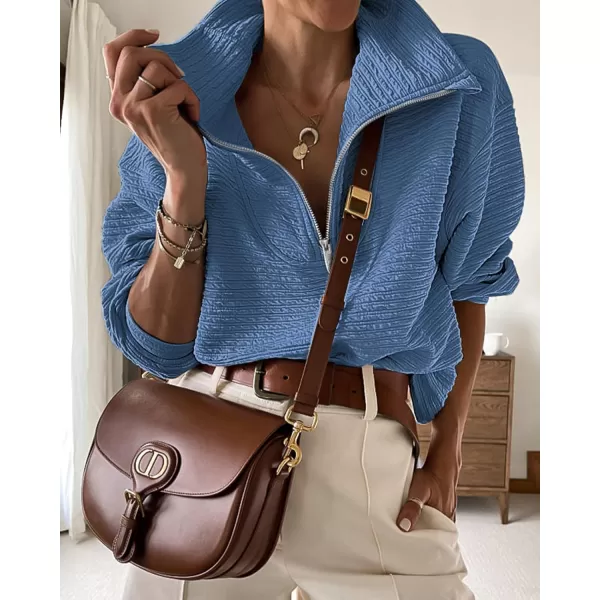 imageBTFBM Women Casual Half Zip Sweatshirts Lapel Drawstring Loose Long Sleeve Pullover 2023 Fall Winter Trendy Y2K ClothesSolid Blue
