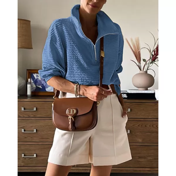 imageBTFBM Women Casual Half Zip Sweatshirts Lapel Drawstring Loose Long Sleeve Pullover 2023 Fall Winter Trendy Y2K ClothesSolid Blue