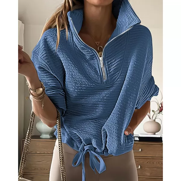 imageBTFBM Women Casual Half Zip Sweatshirts Lapel Drawstring Loose Long Sleeve Pullover 2023 Fall Winter Trendy Y2K ClothesSolid Blue