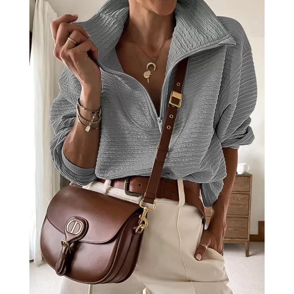 imageBTFBM Women Casual Half Zip Sweatshirts Lapel Drawstring Loose Long Sleeve Pullover 2023 Fall Winter Trendy Y2K ClothesSolid Grey