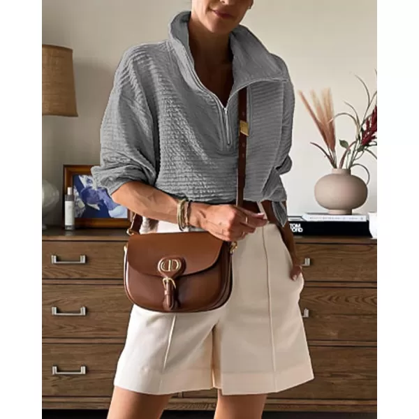 imageBTFBM Women Casual Half Zip Sweatshirts Lapel Drawstring Loose Long Sleeve Pullover 2023 Fall Winter Trendy Y2K ClothesSolid Grey