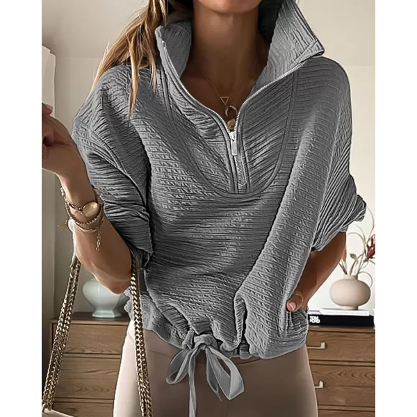 imageBTFBM Women Casual Half Zip Sweatshirts Lapel Drawstring Loose Long Sleeve Pullover 2023 Fall Winter Trendy Y2K ClothesSolid Grey