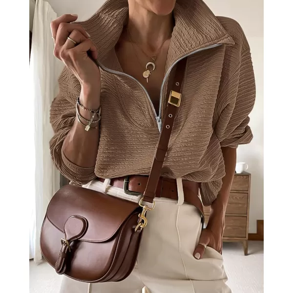 imageBTFBM Women Casual Half Zip Sweatshirts Lapel Drawstring Loose Long Sleeve Pullover 2023 Fall Winter Trendy Y2K ClothesSolid Khaki