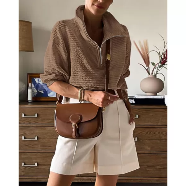 imageBTFBM Women Casual Half Zip Sweatshirts Lapel Drawstring Loose Long Sleeve Pullover 2023 Fall Winter Trendy Y2K ClothesSolid Khaki