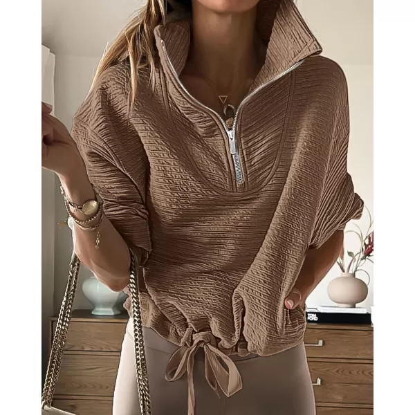 imageBTFBM Women Casual Half Zip Sweatshirts Lapel Drawstring Loose Long Sleeve Pullover 2023 Fall Winter Trendy Y2K ClothesSolid Khaki