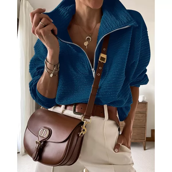 imageBTFBM Women Casual Half Zip Sweatshirts Lapel Drawstring Loose Long Sleeve Pullover 2023 Fall Winter Trendy Y2K ClothesSolid Lake Blue