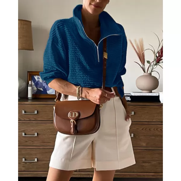 imageBTFBM Women Casual Half Zip Sweatshirts Lapel Drawstring Loose Long Sleeve Pullover 2023 Fall Winter Trendy Y2K ClothesSolid Lake Blue