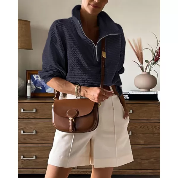 imageBTFBM Women Casual Half Zip Sweatshirts Lapel Drawstring Loose Long Sleeve Pullover 2023 Fall Winter Trendy Y2K ClothesSolid Navy