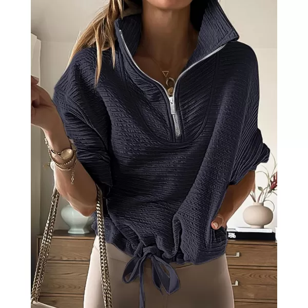 imageBTFBM Women Casual Half Zip Sweatshirts Lapel Drawstring Loose Long Sleeve Pullover 2023 Fall Winter Trendy Y2K ClothesSolid Navy