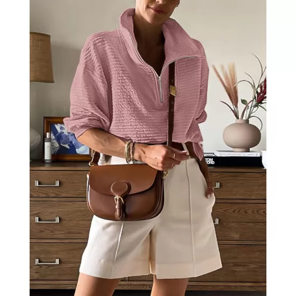 imageBTFBM Women Casual Half Zip Sweatshirts Lapel Drawstring Loose Long Sleeve Pullover 2023 Fall Winter Trendy Y2K ClothesSolid Pink