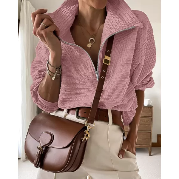 imageBTFBM Women Casual Half Zip Sweatshirts Lapel Drawstring Loose Long Sleeve Pullover 2023 Fall Winter Trendy Y2K ClothesSolid Pink