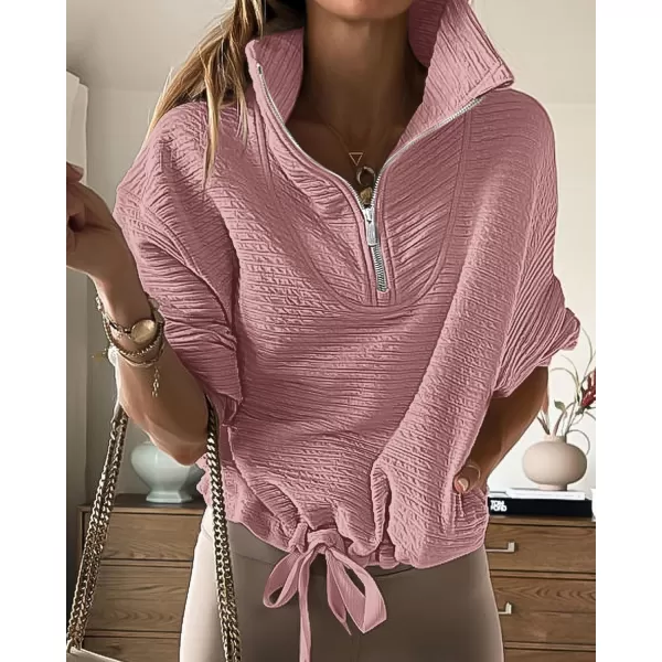 imageBTFBM Women Casual Half Zip Sweatshirts Lapel Drawstring Loose Long Sleeve Pullover 2023 Fall Winter Trendy Y2K ClothesSolid Pink