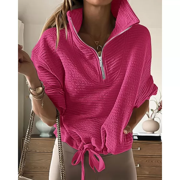 imageBTFBM Women Casual Half Zip Sweatshirts Lapel Drawstring Loose Long Sleeve Pullover 2023 Fall Winter Trendy Y2K ClothesSolid Rose Red